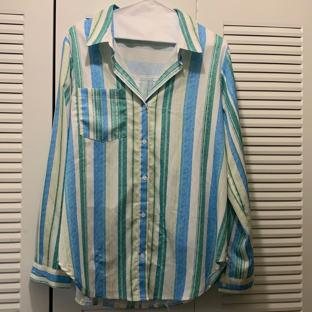XL Spring/ summer long sleeve button down with blue, green and white stripes